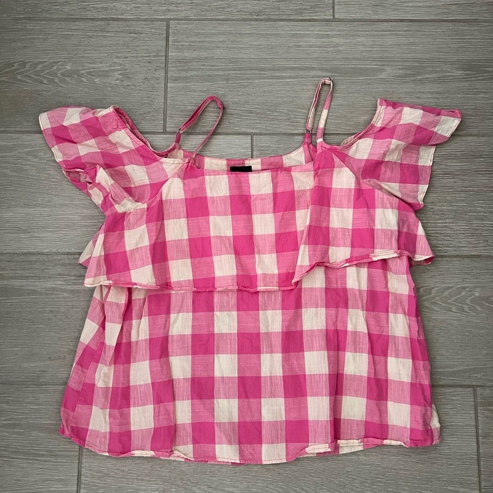 Bobeau Size XL Pink Gingham Checked Off the Shoulder Blouse W/ Spaghetti Straps